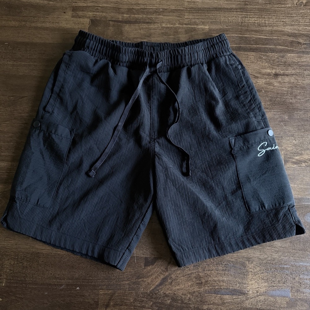 Saints Studio Men's Textured Black Drawstring Embroidered Shorts Sz Medium